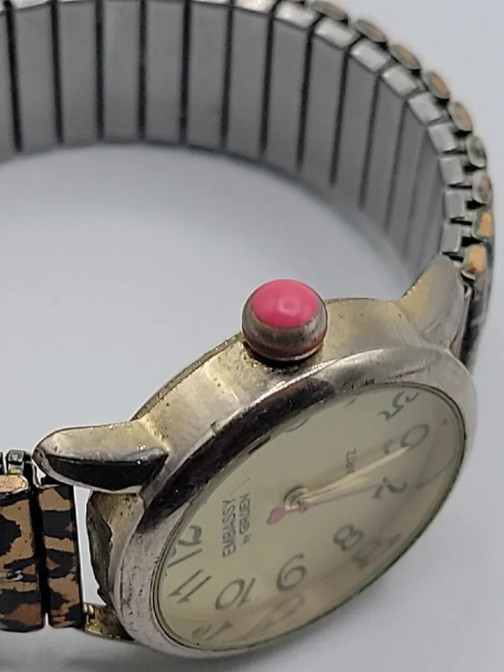 Embassy Ladies Watch By Gruen Leopard Print Stretch Band Pink Crown Vintage